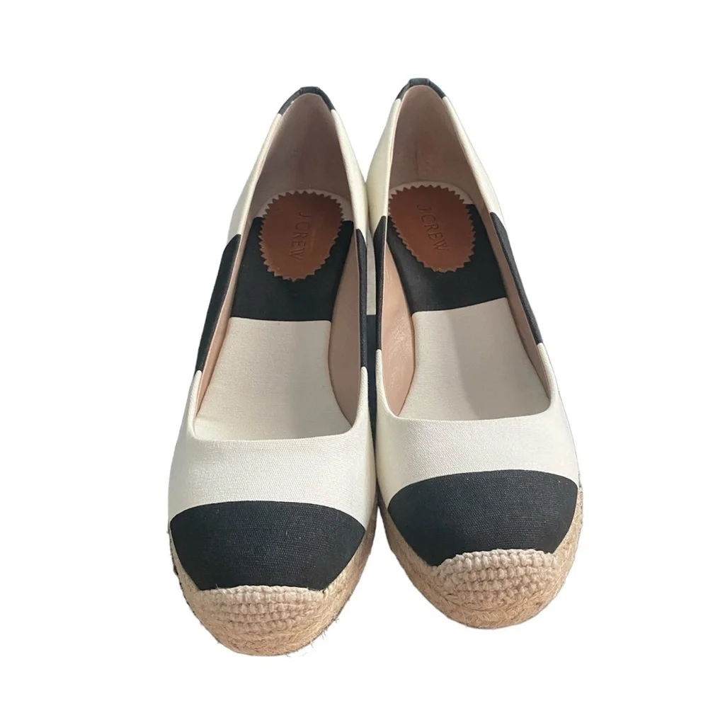 J. Crew New Seville Black White Stripe Canvas Wedge Espadrilles Women’s 9 NIB